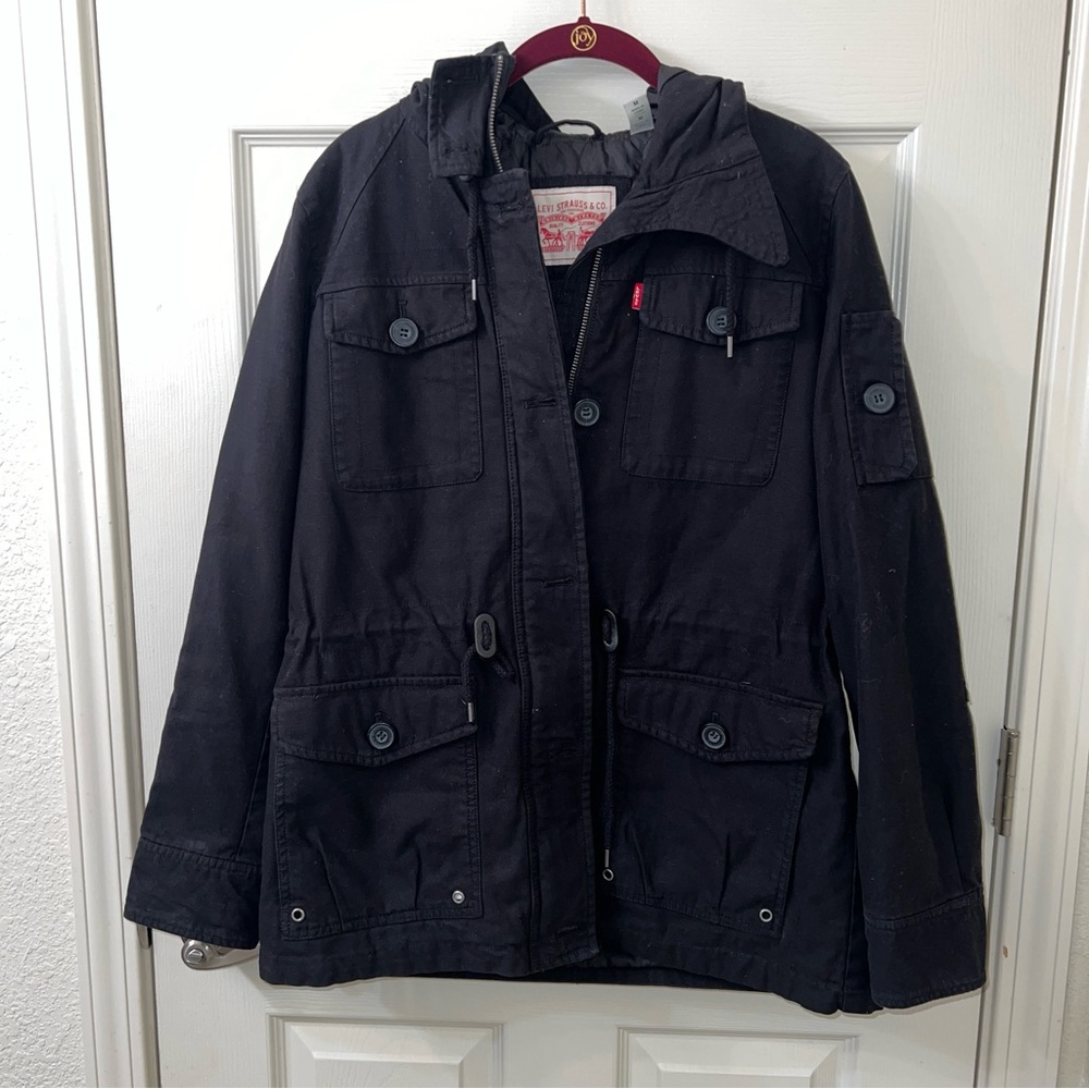 Women’s Levi’s Strauss Hooded Military jacket Black denim size Medium